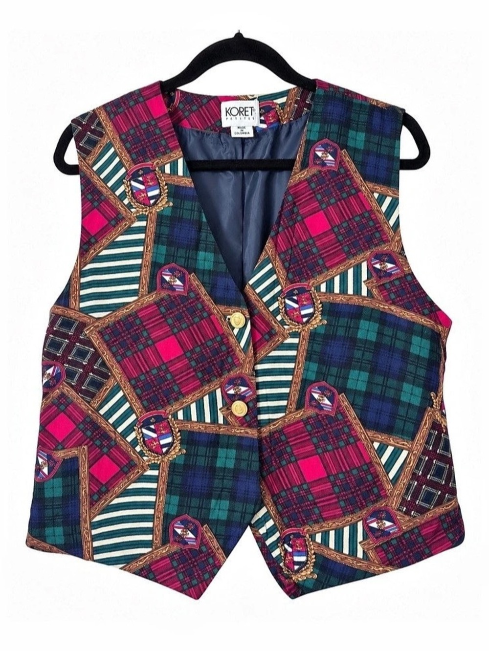 Vintage Koret Petites Plaid Patchwork Vest Size 14 Preppy 90s Gold Button